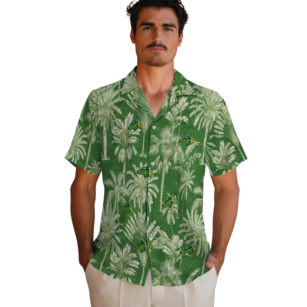 North Dakota State Bison Hawaiian Shirt - Vintage Palm Tree north dakota state bison palm shadows green hawaiian shirts fashion forward