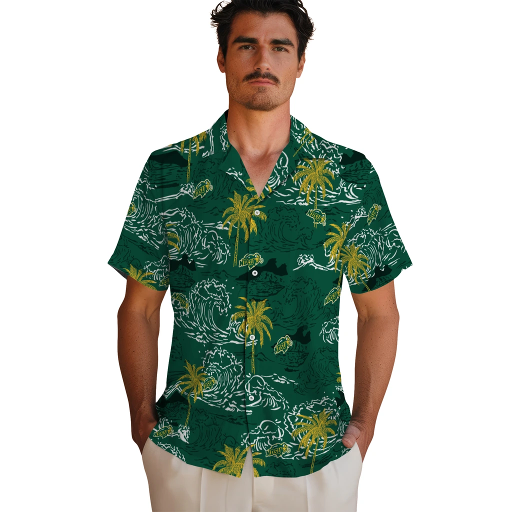 North Dakota State Bison Hawaiian Shirt - Wave Palm north dakota state bison wave palm green hawaiian shirts fashion forward