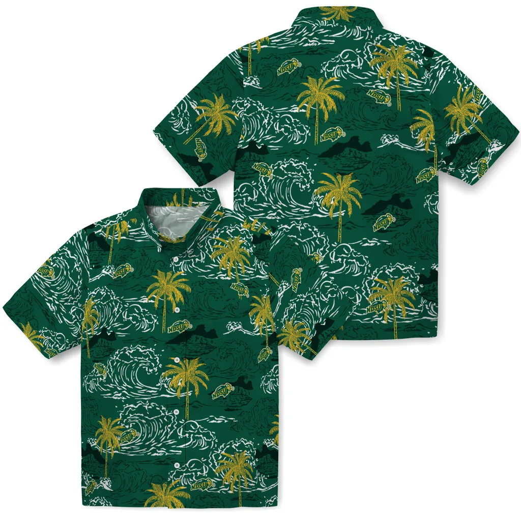 North Dakota State Bison Hawaiian Shirt - Wave Palm north dakota state bison wave palm green hawaiian shirts high quality