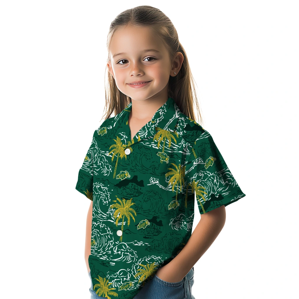 North Dakota State Bison Hawaiian Shirt - Wave Palm north dakota state bison wave palm green hawaiian shirts premium grade