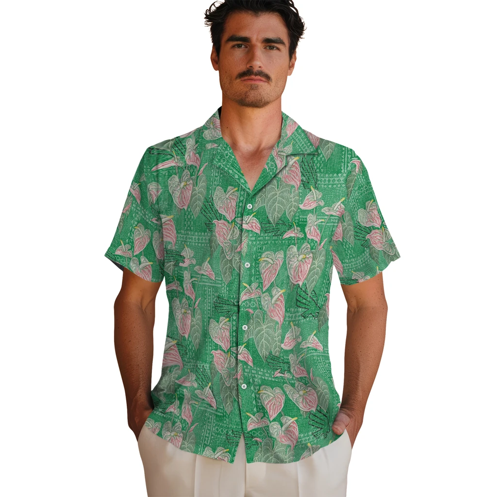 North Texas Mean Green Hawaiian Shirt - Anthurium Overlay north texas mean green anthurium overlay green hawaiian shirts fashion forward
