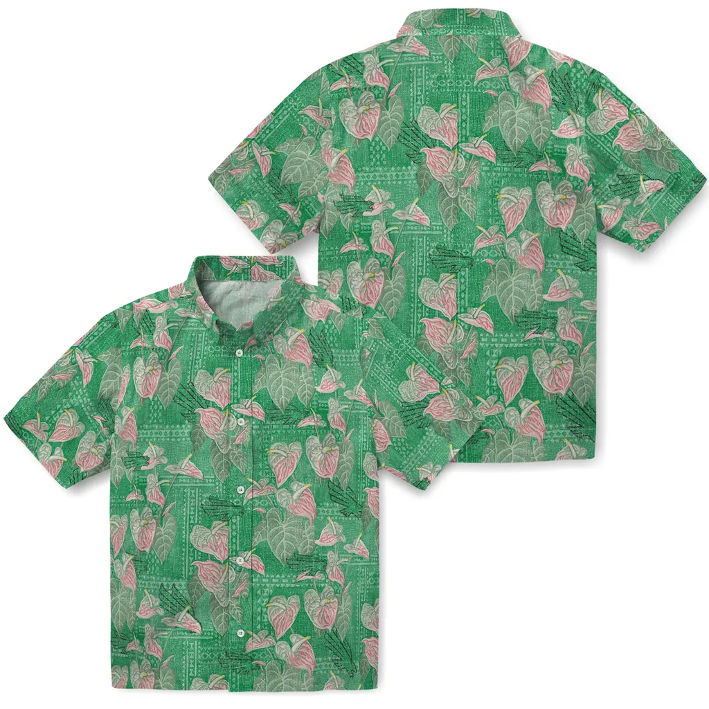 North Texas Mean Green Hawaiian Shirt - Anthurium Overlay north texas mean green anthurium overlay green hawaiian shirts high quality