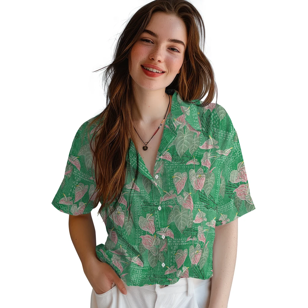 North Texas Mean Green Hawaiian Shirt - Anthurium Overlay north texas mean green anthurium overlay green hawaiian shirts latest model