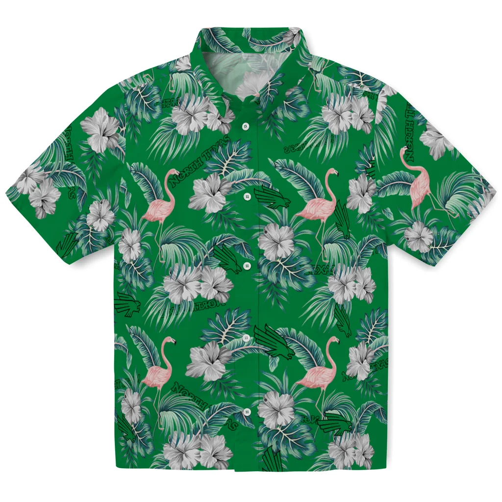 North Texas Mean Green Hawaiian Shirt - Flamingo and Hibiscus north texas mean green flamingo palms green hawaiian shirts best selling