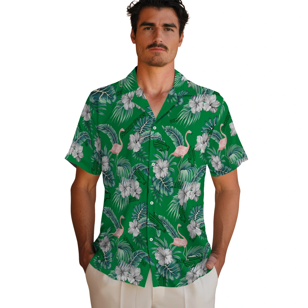 North Texas Mean Green Hawaiian Shirt - Flamingo and Hibiscus north texas mean green flamingo palms green hawaiian shirts fashion forward
