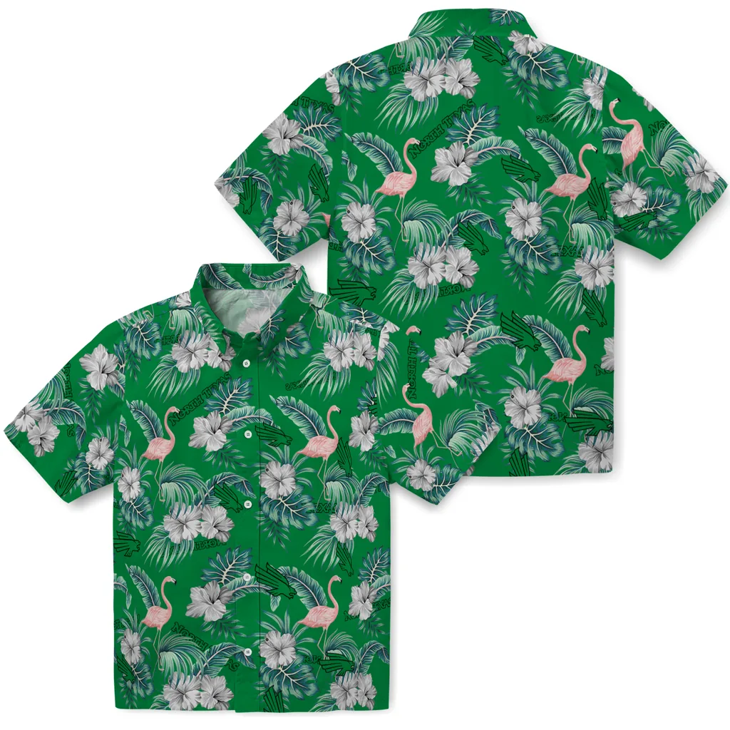 North Texas Mean Green Hawaiian Shirt - Flamingo and Hibiscus north texas mean green flamingo palms green hawaiian shirts high quality