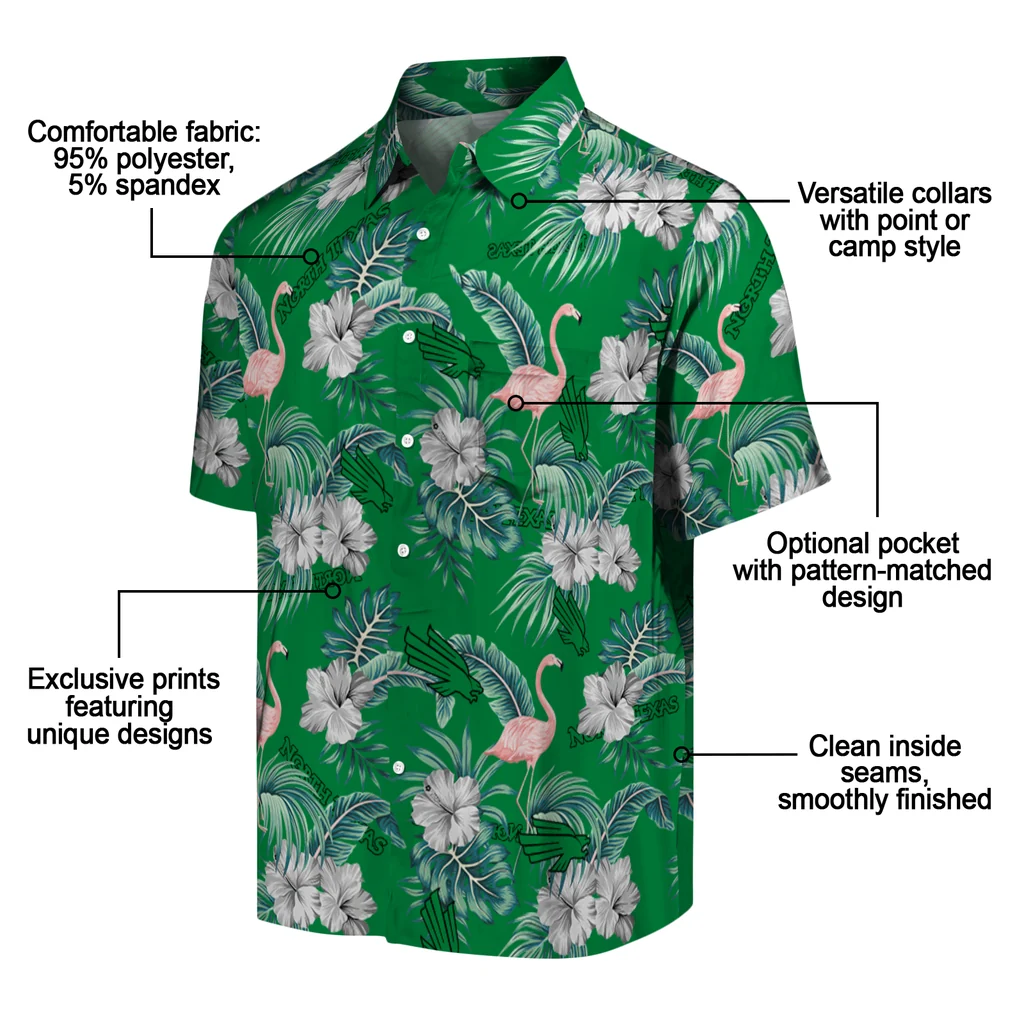 North Texas Mean Green Hawaiian Shirt - Flamingo and Hibiscus north texas mean green flamingo palms green hawaiian shirts new arrival