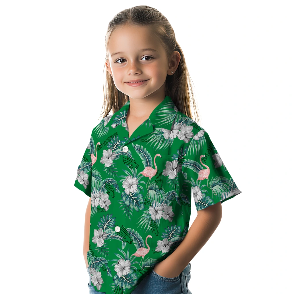 North Texas Mean Green Hawaiian Shirt - Flamingo and Hibiscus north texas mean green flamingo palms green hawaiian shirts premium grade