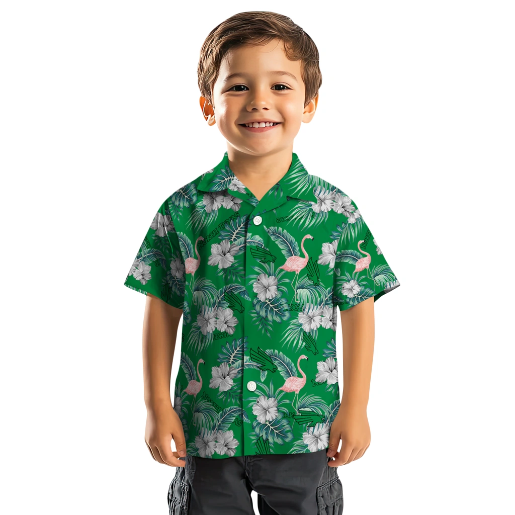 North Texas Mean Green Hawaiian Shirt - Flamingo and Hibiscus north texas mean green flamingo palms green hawaiian shirts top rated