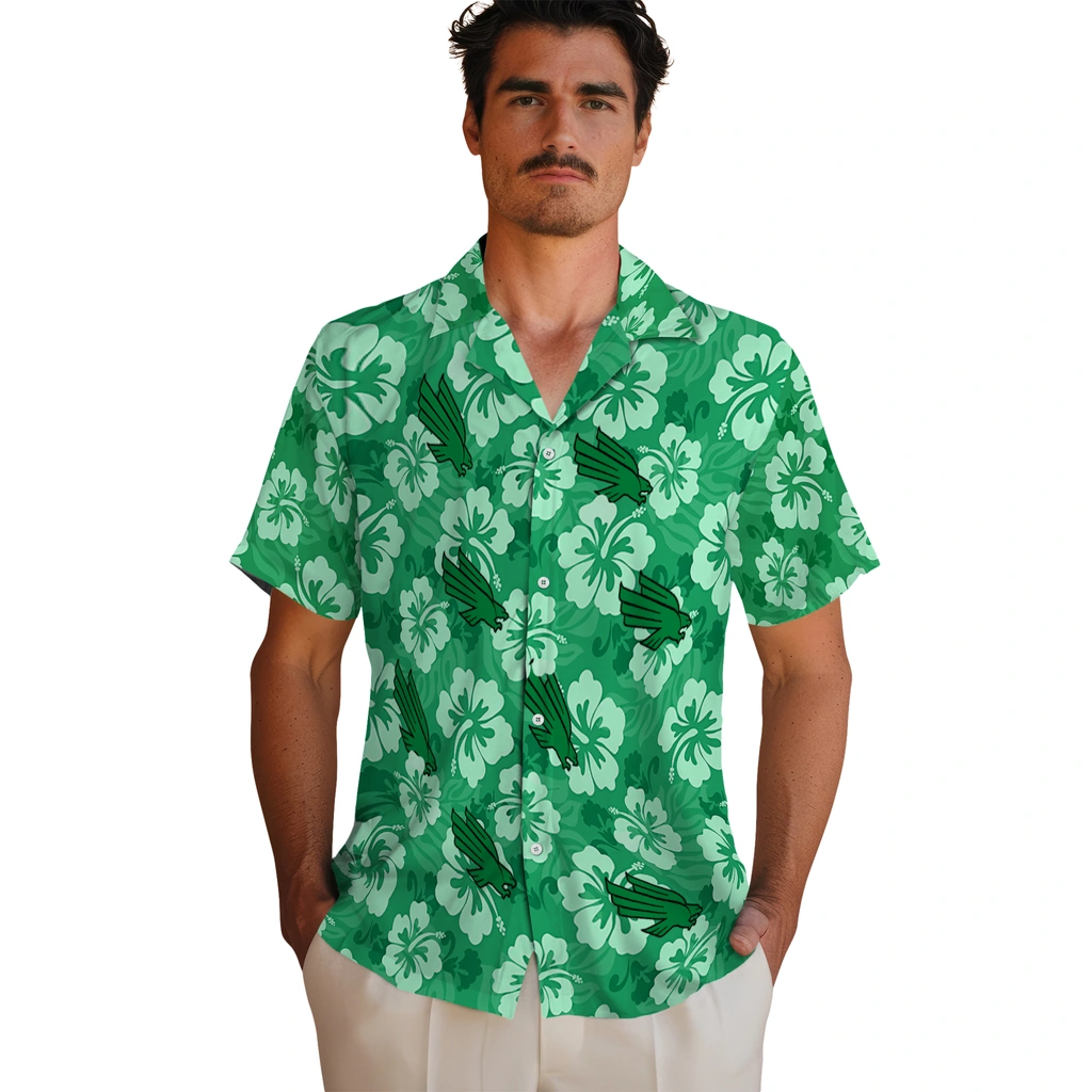 North Texas Mean Green Hawaiian Shirt - Hibiscus Cluster north texas mean green hibiscus cluster green hawaiian shirts fashion forward