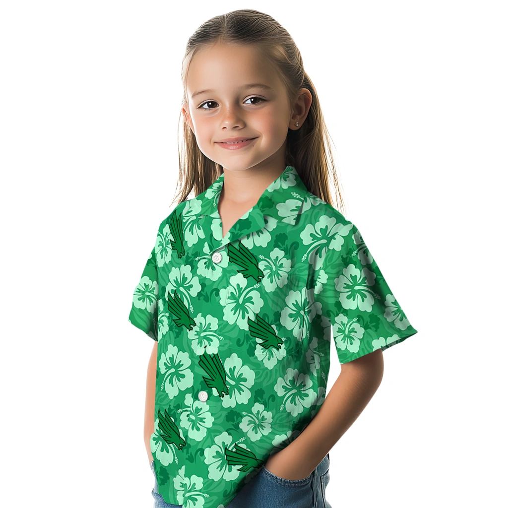 North Texas Mean Green Hawaiian Shirt - Hibiscus Cluster north texas mean green hibiscus cluster green hawaiian shirts premium grade