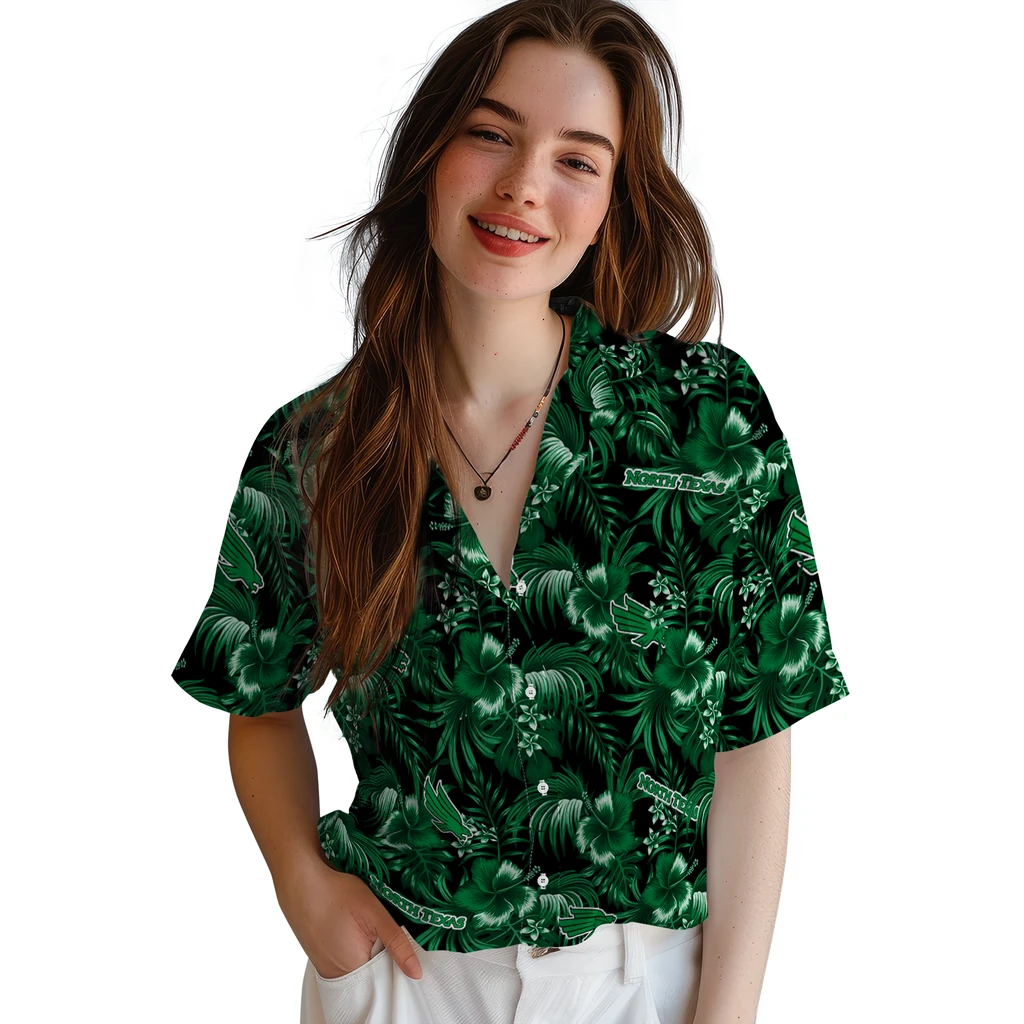 North Texas Mean Green Hawaiian Shirt - Hibiscus Exotic north texas mean green hibiscus exotic green hawaiian shirts latest model