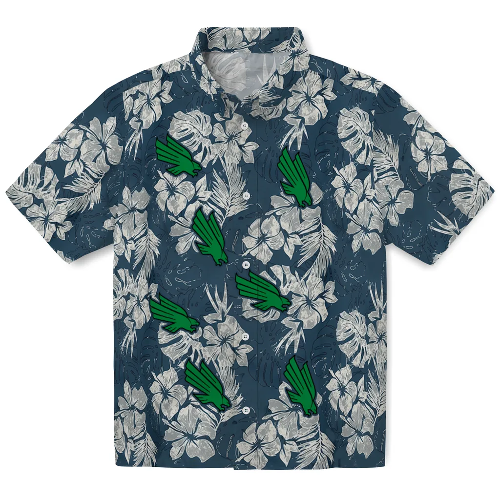 North Texas Mean Green Hawaiian Shirt - Hibiscus Flowers north texas mean green hibiscus flowers navy blue hawaiian shirts best selling