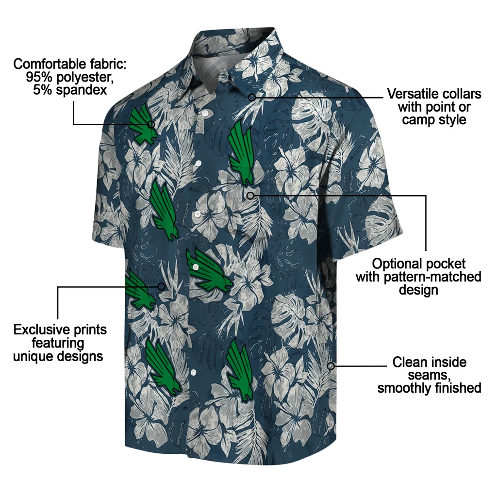 North Texas Mean Green Hawaiian Shirt - Hibiscus Flowers north texas mean green hibiscus flowers navy blue hawaiian shirts new arrival