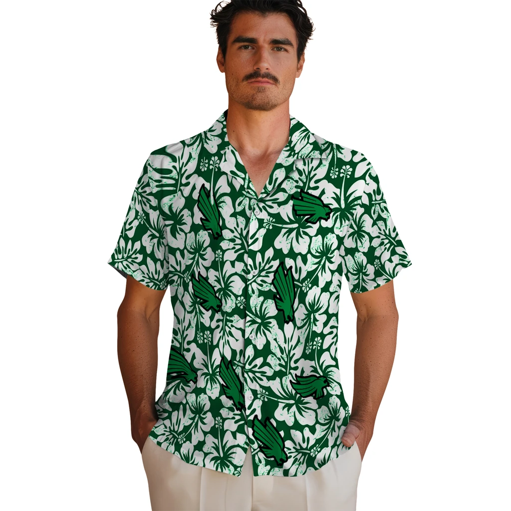 North Texas Mean Green Hawaiian Shirt - Hibiscus Motif north texas mean green hibiscus motif green white hawaiian shirts fashion forward