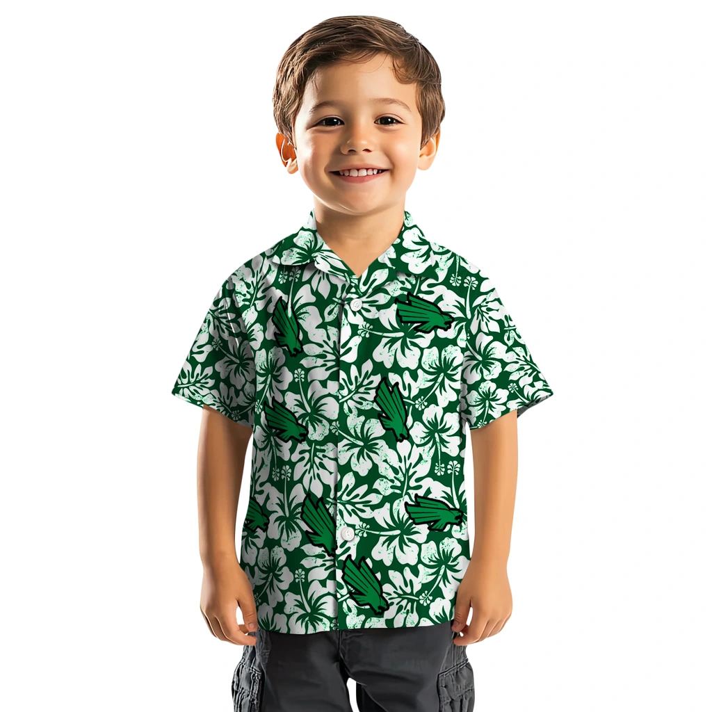 North Texas Mean Green Hawaiian Shirt - Hibiscus Motif north texas mean green hibiscus motif green white hawaiian shirts top rated