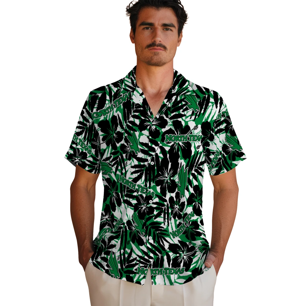 North Texas Mean Green Hawaiian Shirt - Hibiscus Overlay north texas mean green hibiscus overlay hawaiian shirts fashion forward