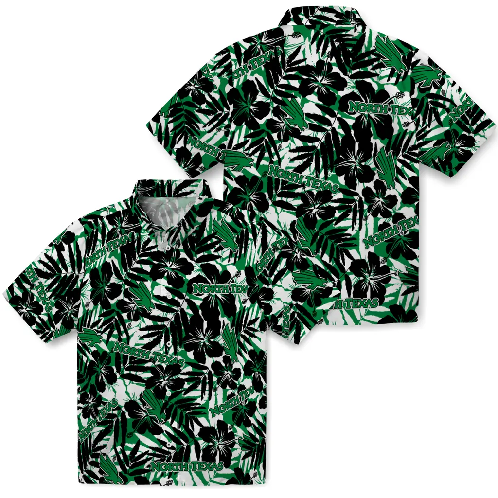 North Texas Mean Green Hawaiian Shirt - Hibiscus Overlay north texas mean green hibiscus overlay hawaiian shirts high quality