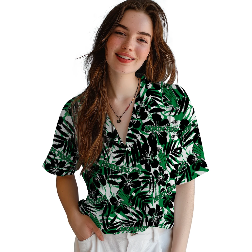 North Texas Mean Green Hawaiian Shirt - Hibiscus Overlay north texas mean green hibiscus overlay hawaiian shirts latest model