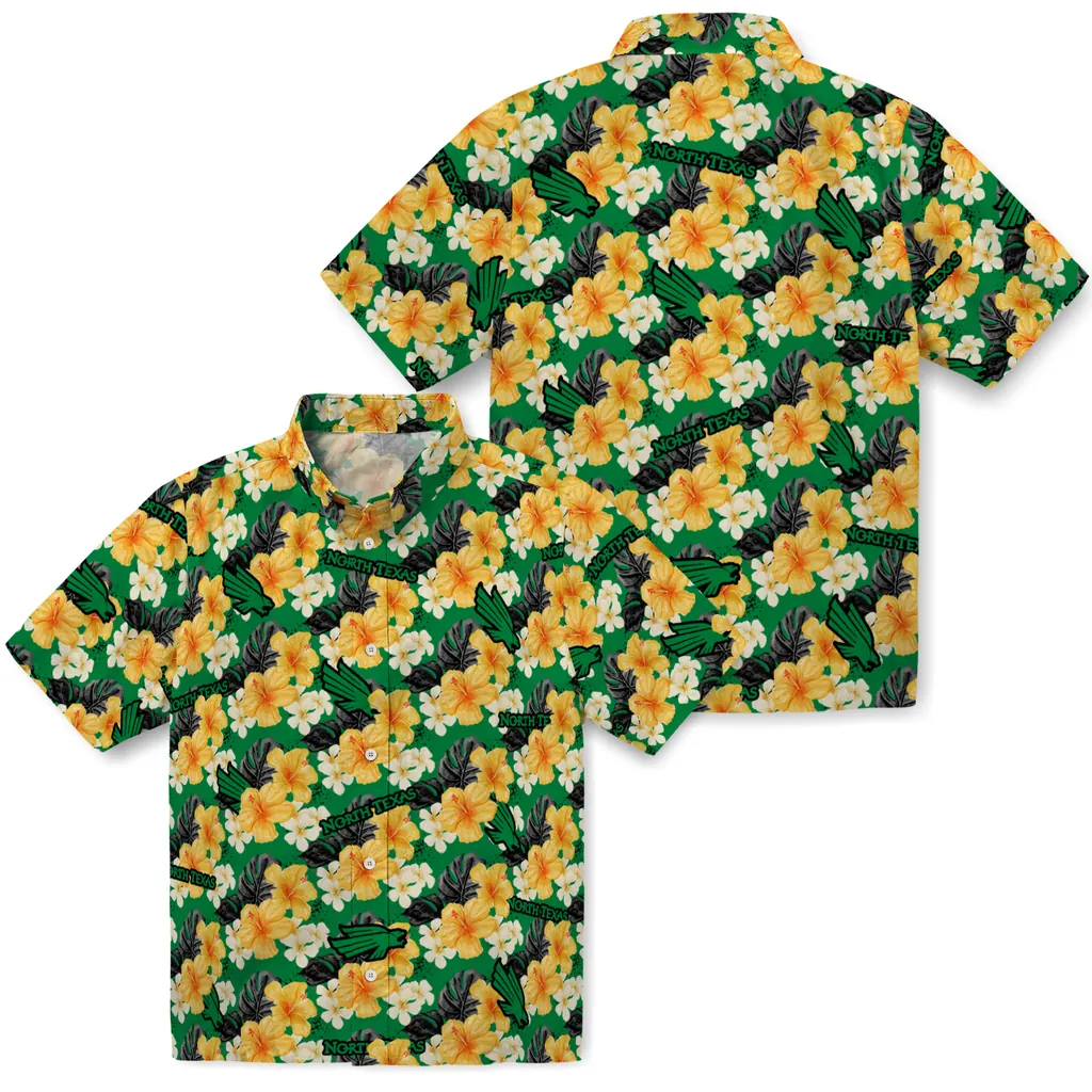 North Texas Mean Green Hawaiian Shirt - Hibiscus Tropics north texas mean green hibiscus tropics green yellow hawaiian shirts high quality