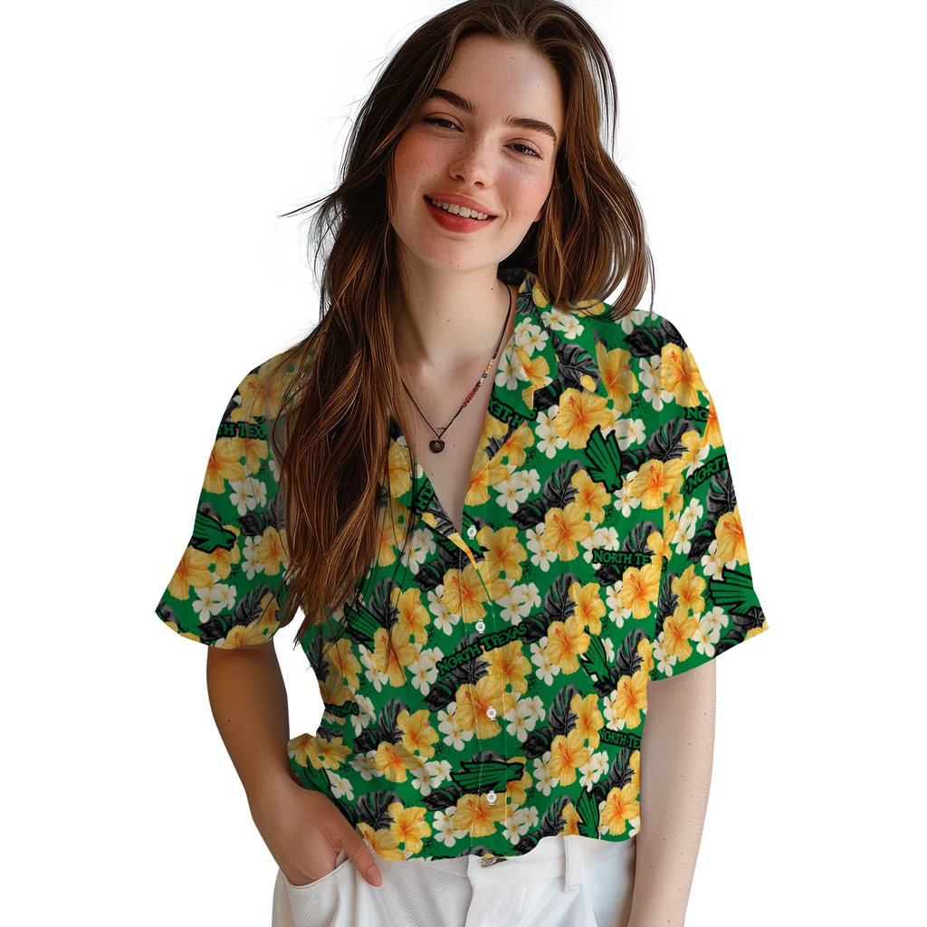 North Texas Mean Green Hawaiian Shirt - Hibiscus Tropics north texas mean green hibiscus tropics green yellow hawaiian shirts latest model