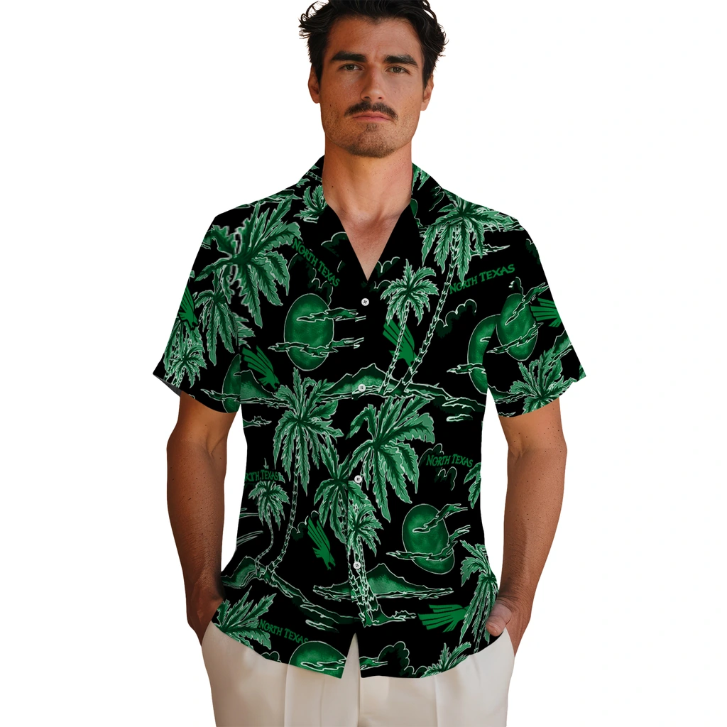 North Texas Mean Green Hawaiian Shirt - Palm Sunset north texas mean green palm sunset hawaiian shirts fashion forward