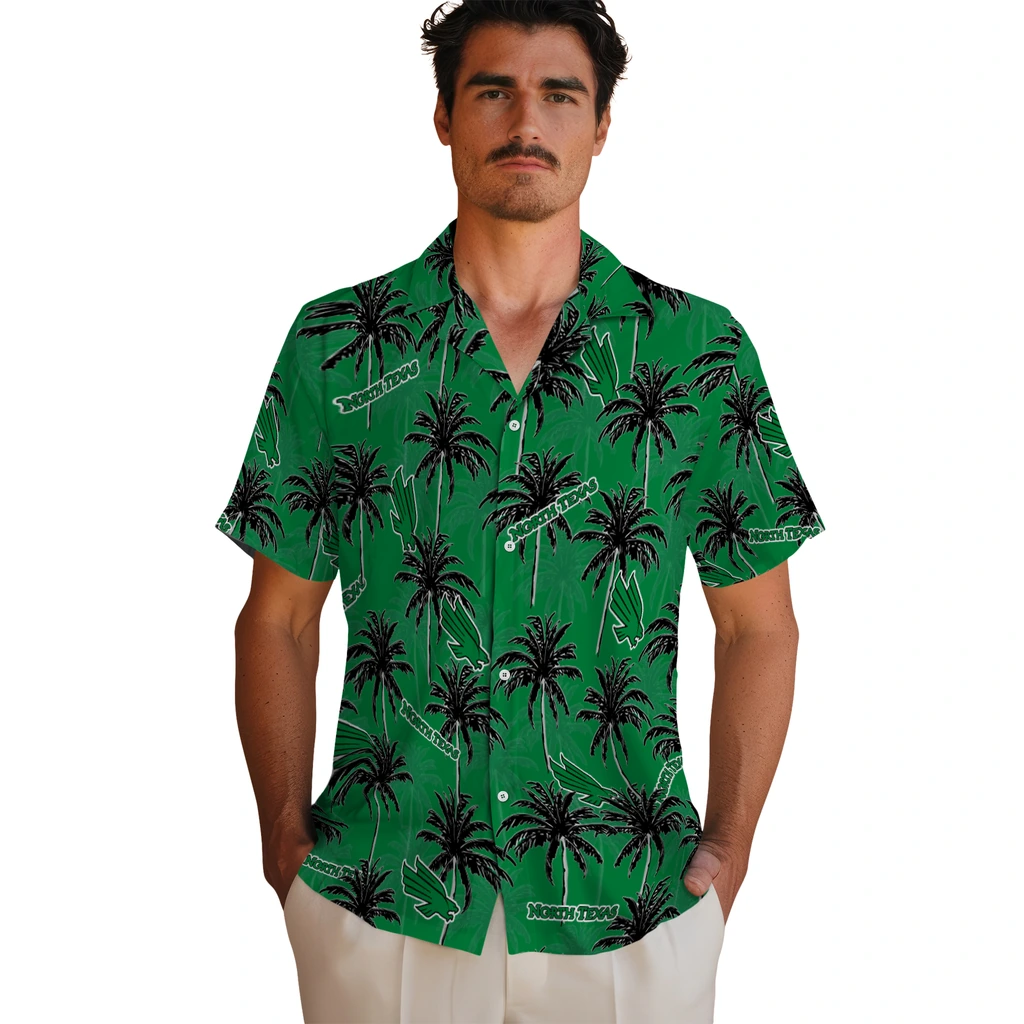 North Texas Mean Green Hawaiian Shirt - Palm Tree Motif north texas mean green palm grove green hawaiian shirts fashion forward