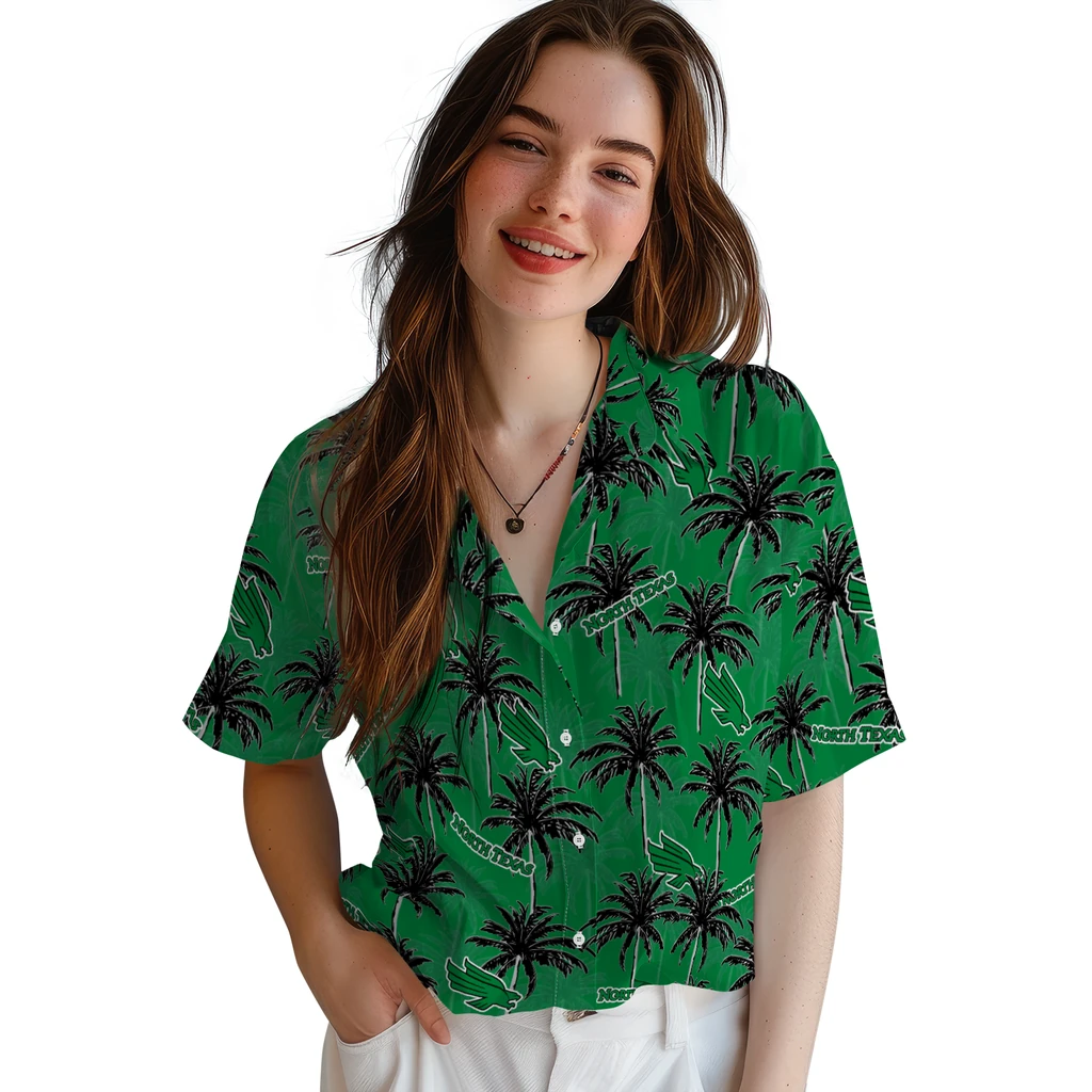 North Texas Mean Green Hawaiian Shirt - Palm Tree Motif north texas mean green palm grove green hawaiian shirts latest model