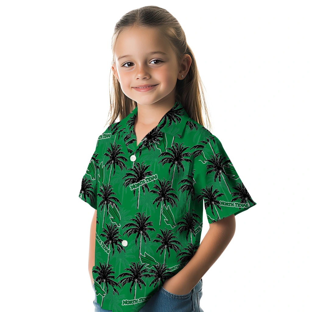 North Texas Mean Green Hawaiian Shirt - Palm Tree Motif north texas mean green palm grove green hawaiian shirts premium grade
