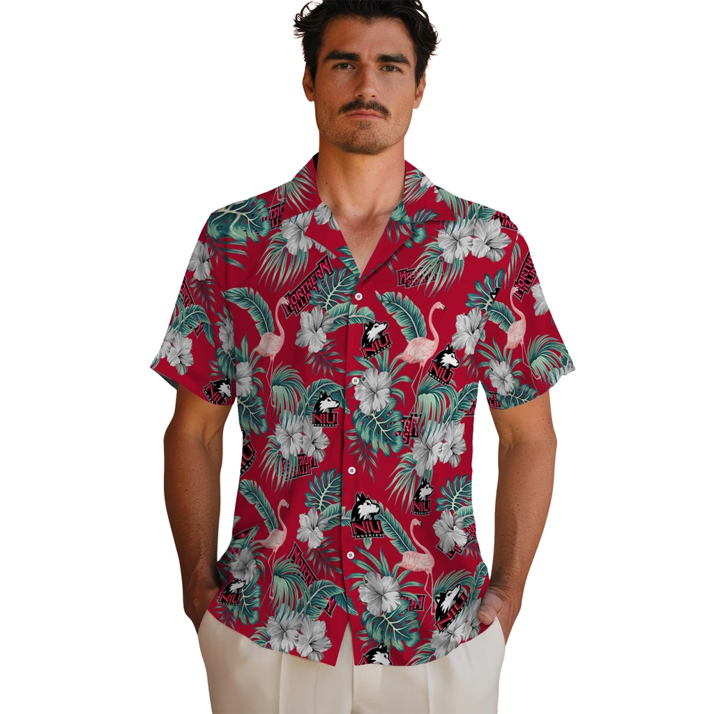 Northern Illinois Huskies Hawaiian Shirt - Flamingo and Hibiscus northern illinois huskies flamingo palms red hawaiian shirts fashion forward