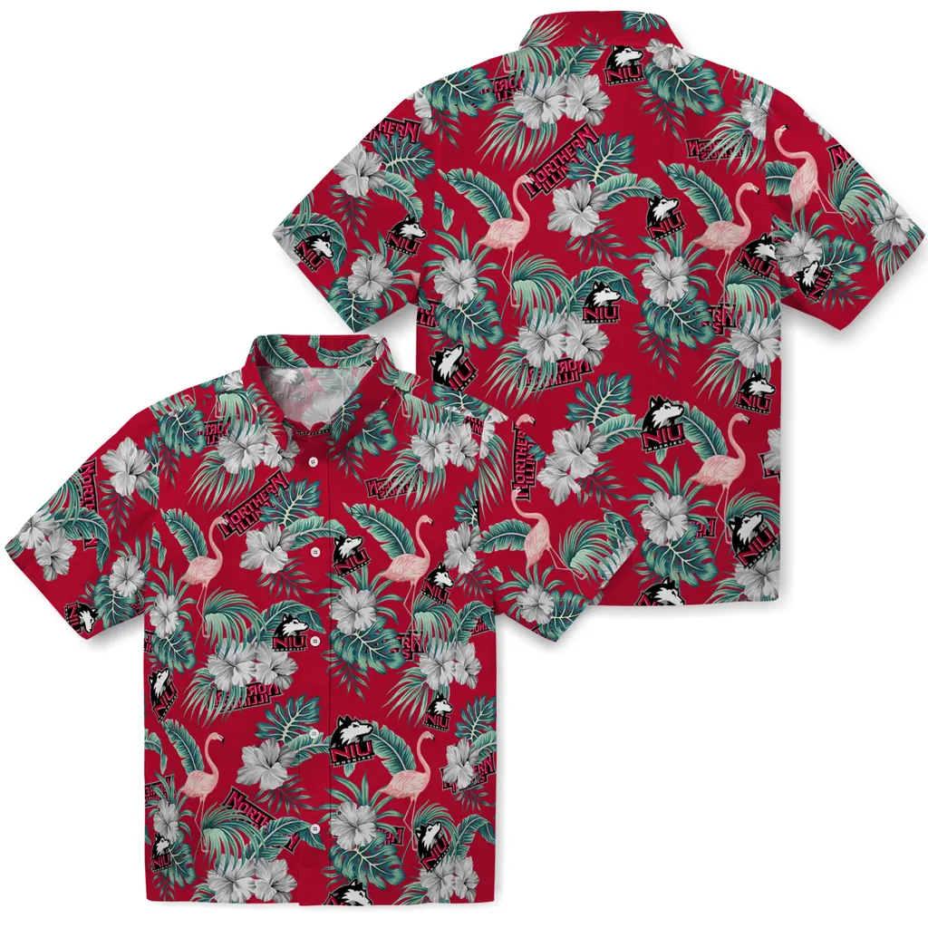 Northern Illinois Huskies Hawaiian Shirt - Flamingo and Hibiscus northern illinois huskies flamingo palms red hawaiian shirts high quality