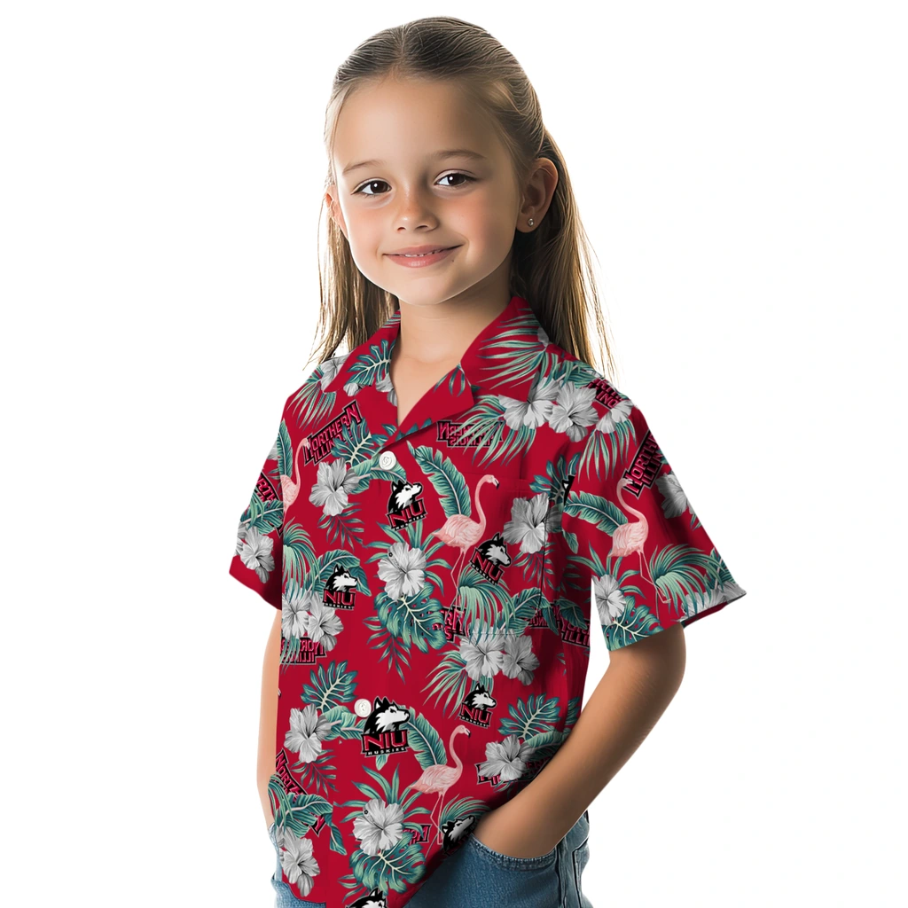 Northern Illinois Huskies Hawaiian Shirt - Flamingo and Hibiscus northern illinois huskies flamingo palms red hawaiian shirts premium grade