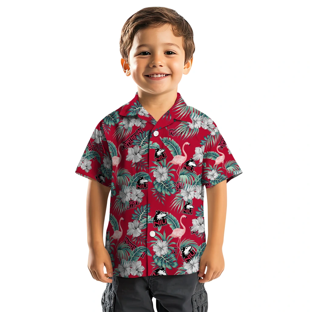Northern Illinois Huskies Hawaiian Shirt - Flamingo and Hibiscus northern illinois huskies flamingo palms red hawaiian shirts top rated