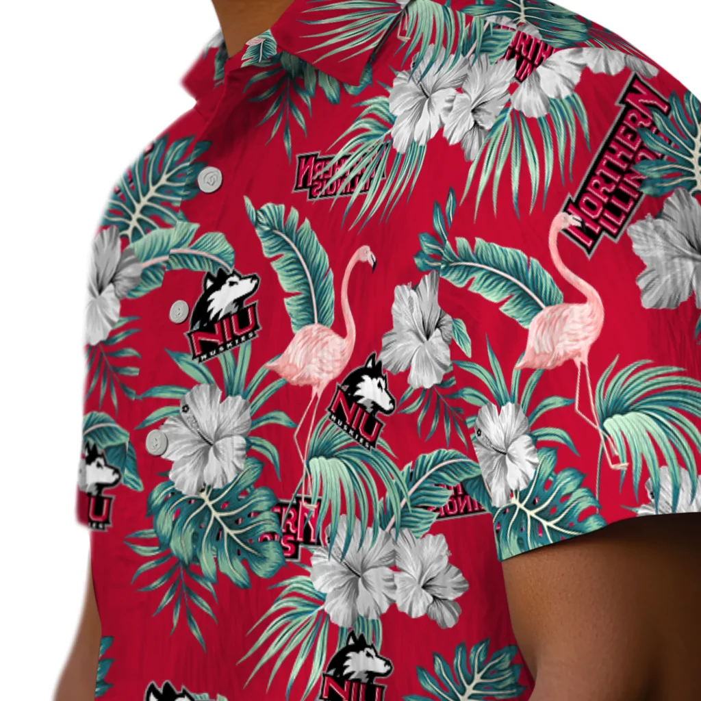 Northern Illinois Huskies Hawaiian Shirt - Flamingo and Hibiscus northern illinois huskies flamingo palms red hawaiian shirts trendy