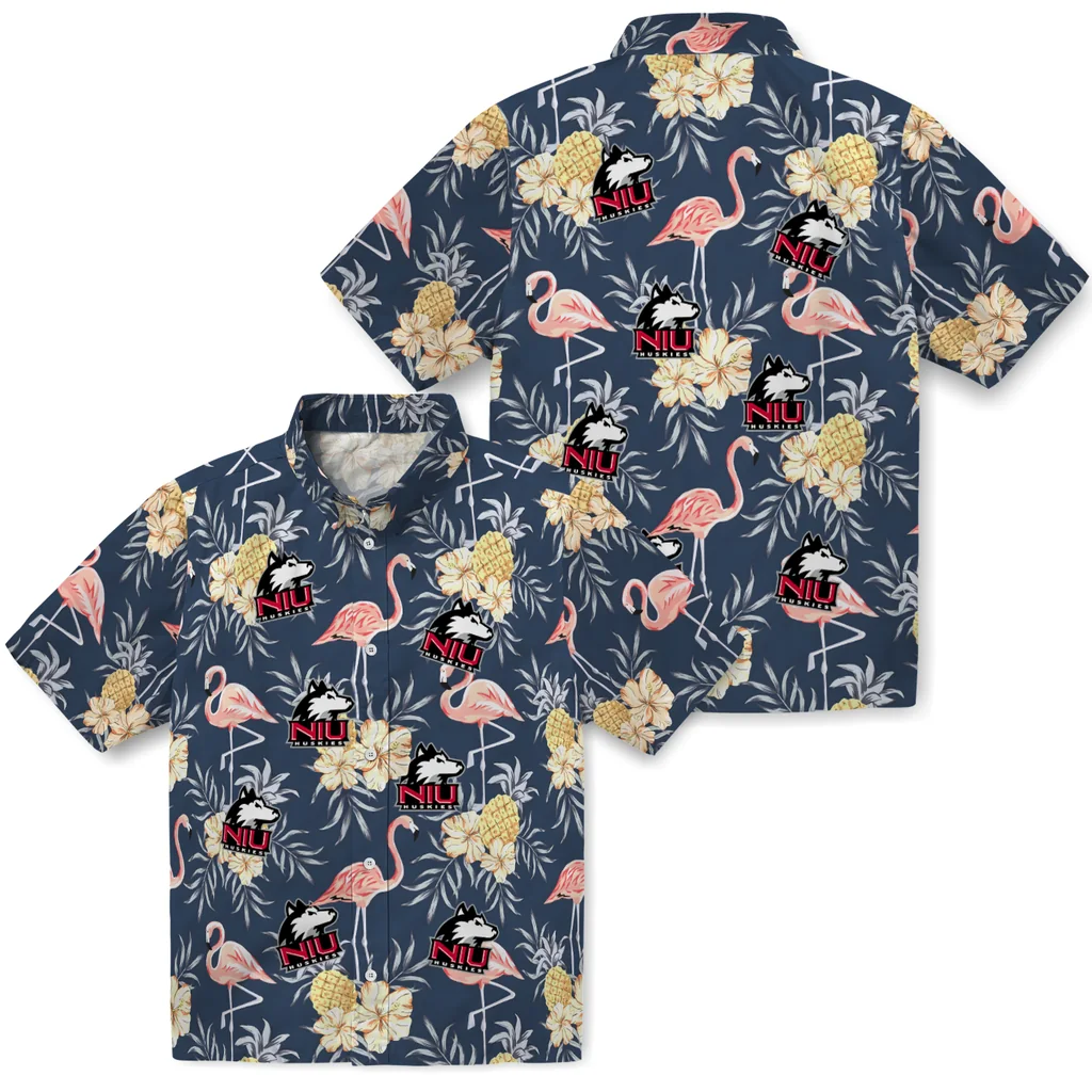 Northern Illinois Huskies Hawaiian Shirt - Flamingo Hibiscus northern illinois huskies flamingo hibiscus navy hawaiian shirts high quality