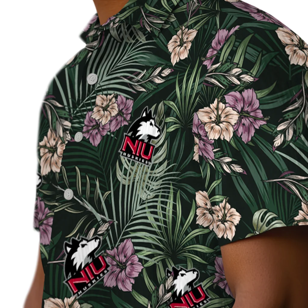 Northern Illinois Huskies Hawaiian Shirt - Hibiscus Leaves Pattern northern illinois huskies hibiscus leaves pattern green hawaiian shirts trendy