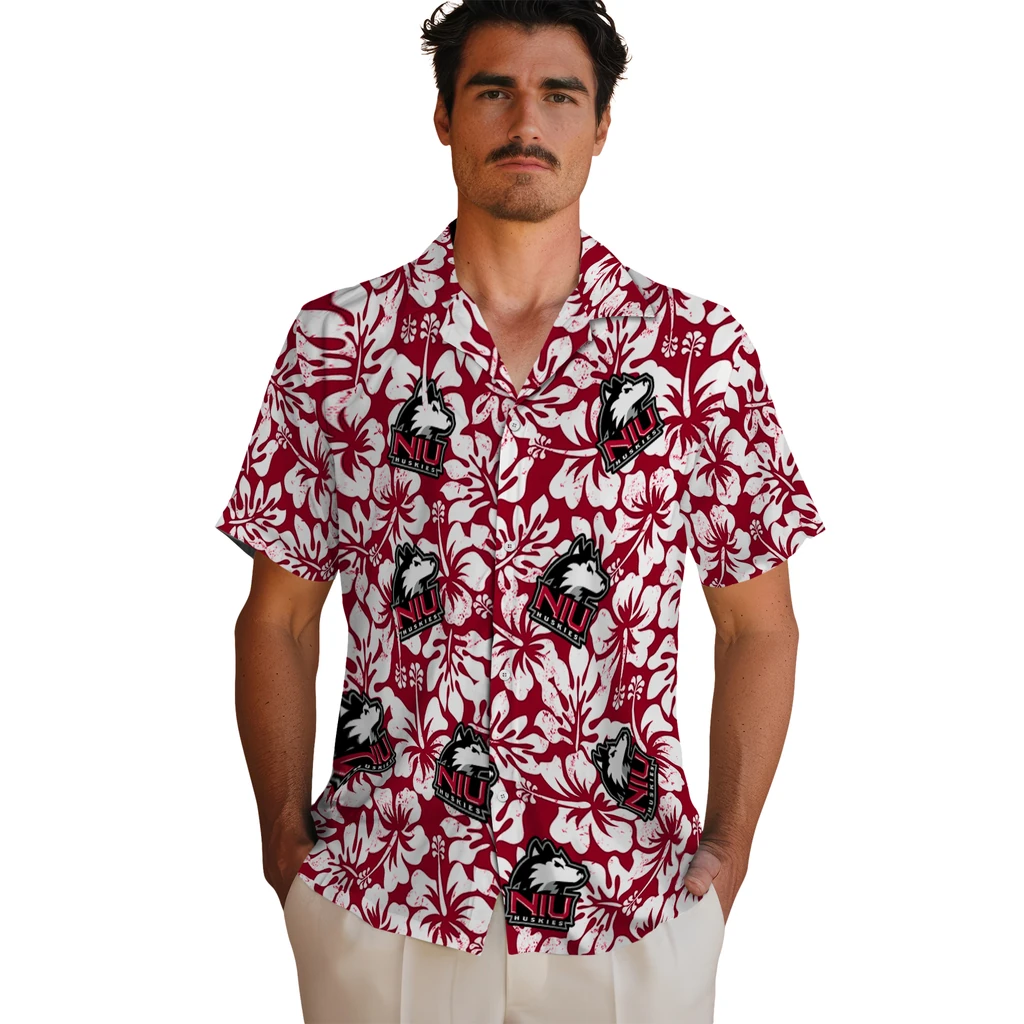 Northern Illinois Huskies Hawaiian Shirt - Hibiscus Motif northern illinois huskies hibiscus motif red white hawaiian shirts fashion forward