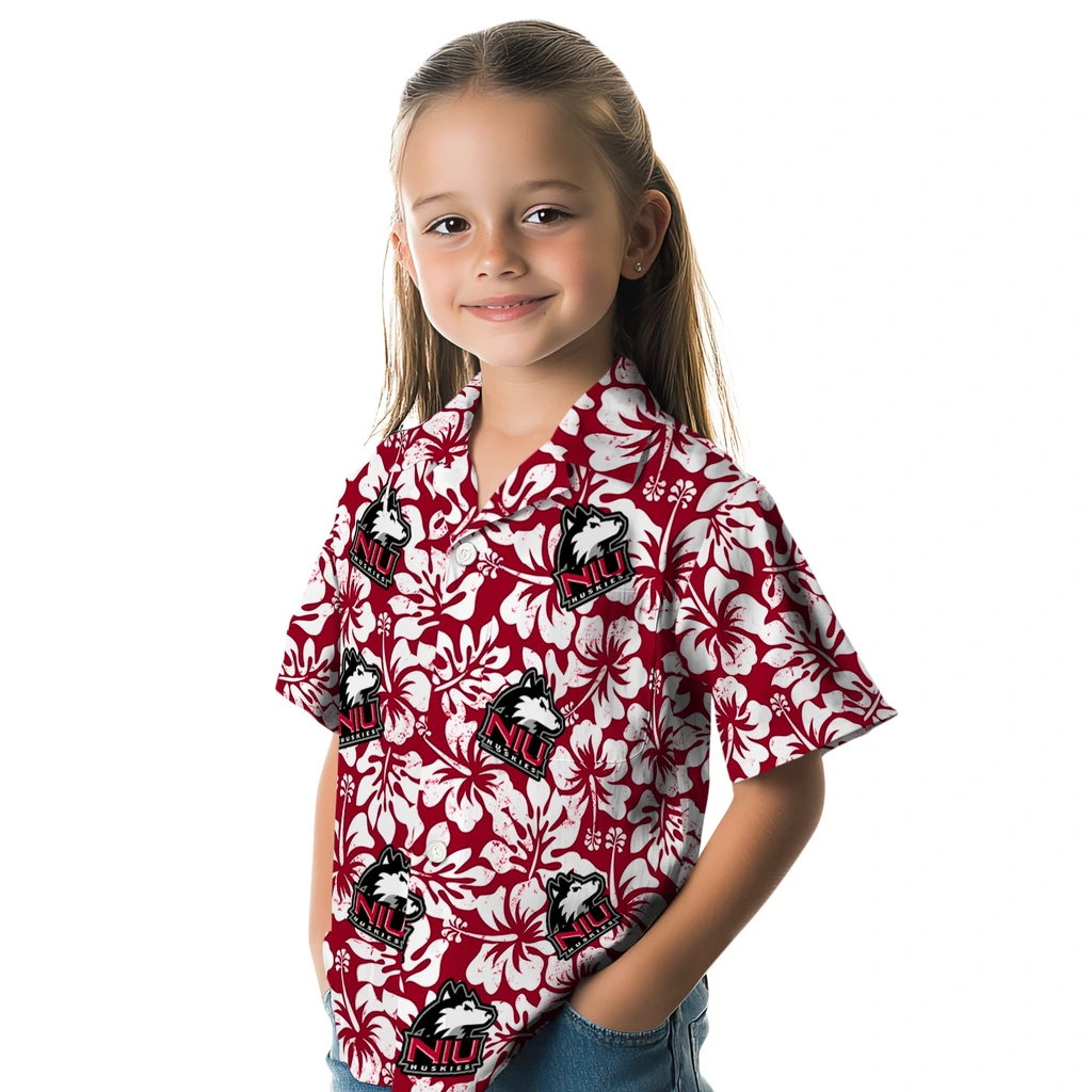 Northern Illinois Huskies Hawaiian Shirt - Hibiscus Motif northern illinois huskies hibiscus motif red white hawaiian shirts premium grade