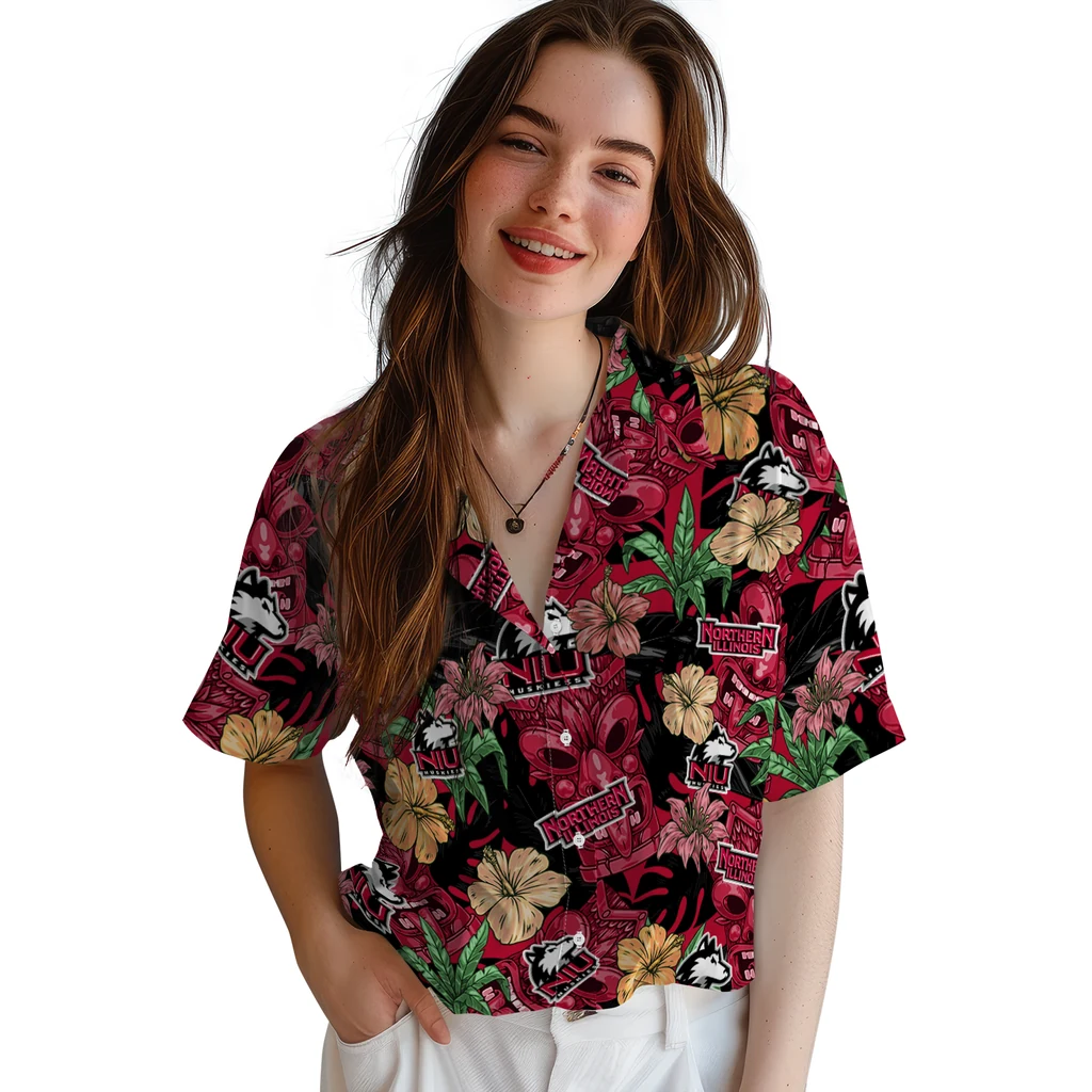 Northern Illinois Huskies Hawaiian Shirt - Hibiscus Tiki Jungle northern illinois huskies tiki jungle red hawaiian shirts latest model