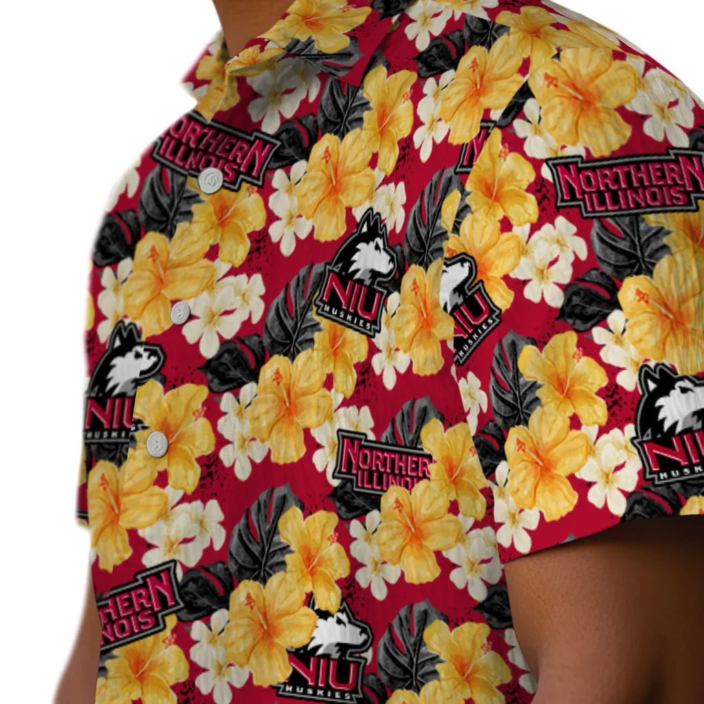 Northern Illinois Huskies Hawaiian Shirt - Hibiscus Tropics northern illinois huskies hibiscus tropics red yellow hawaiian shirts trendy