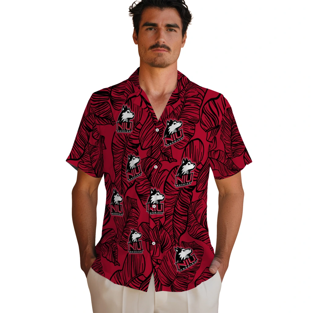 Northern Illinois Huskies Hawaiian Shirt - Leaf Outline northern illinois huskies leaf outline red hawaiian shirts fashion forward