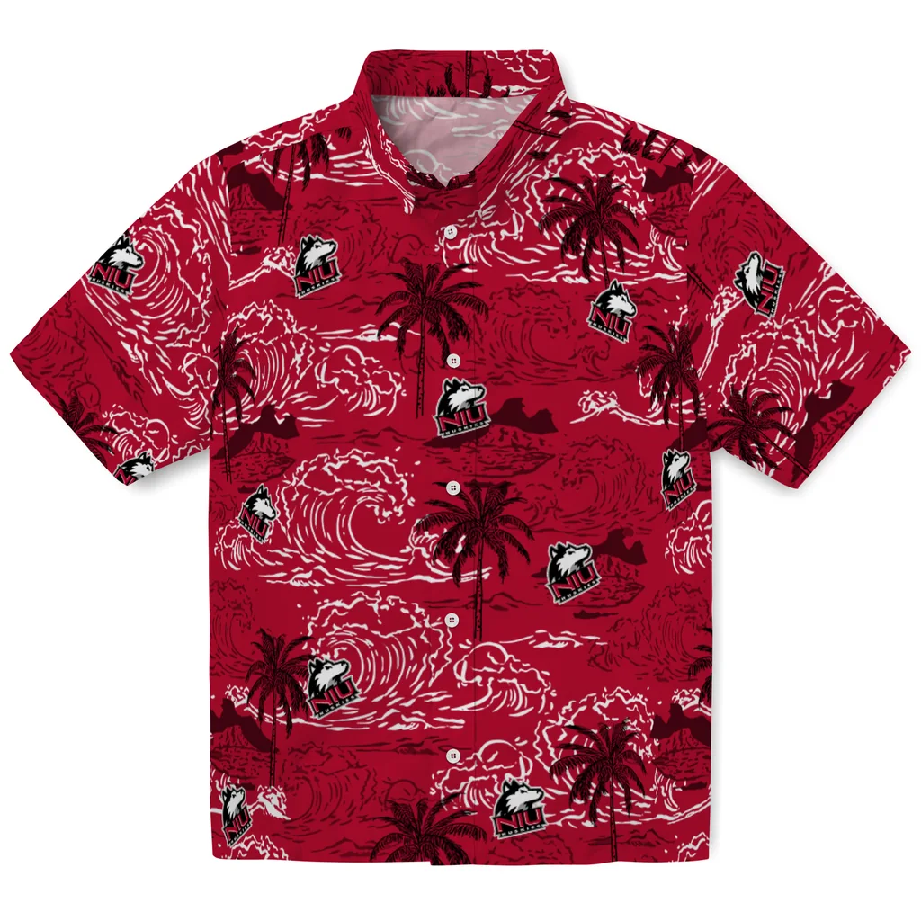 Northern Illinois Huskies Hawaiian Shirt - Wave Palm northern illinois huskies wave palm red hawaiian shirts best selling