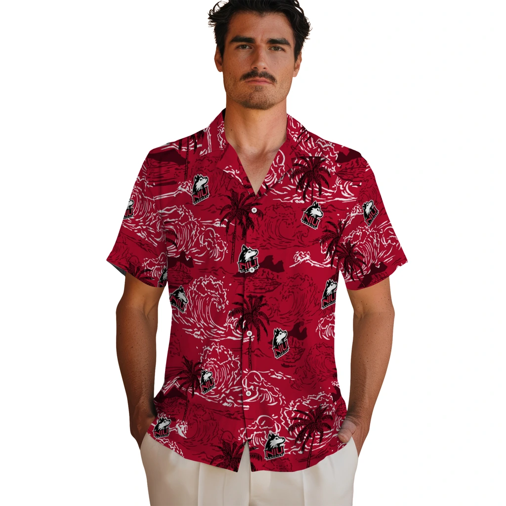 Northern Illinois Huskies Hawaiian Shirt - Wave Palm northern illinois huskies wave palm red hawaiian shirts fashion forward