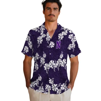 northwestern wildcats hibiscus petals purple hawaiian shirts fashion forward