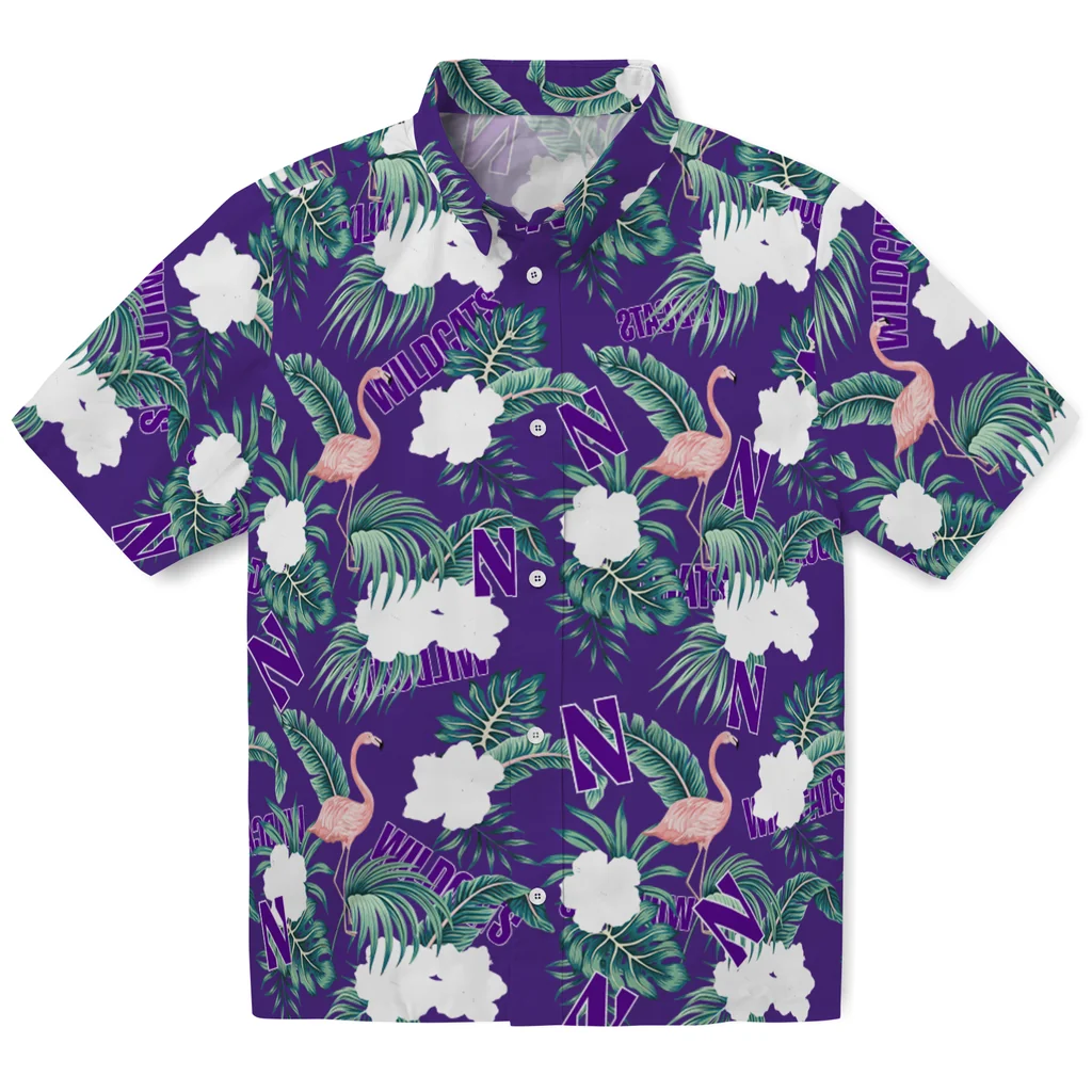 Northwestern Wildcats Hawaiian Shirt - Flamingo and Hibiscus northwestern wildcats flamingo palms purple hawaiian shirts best selling