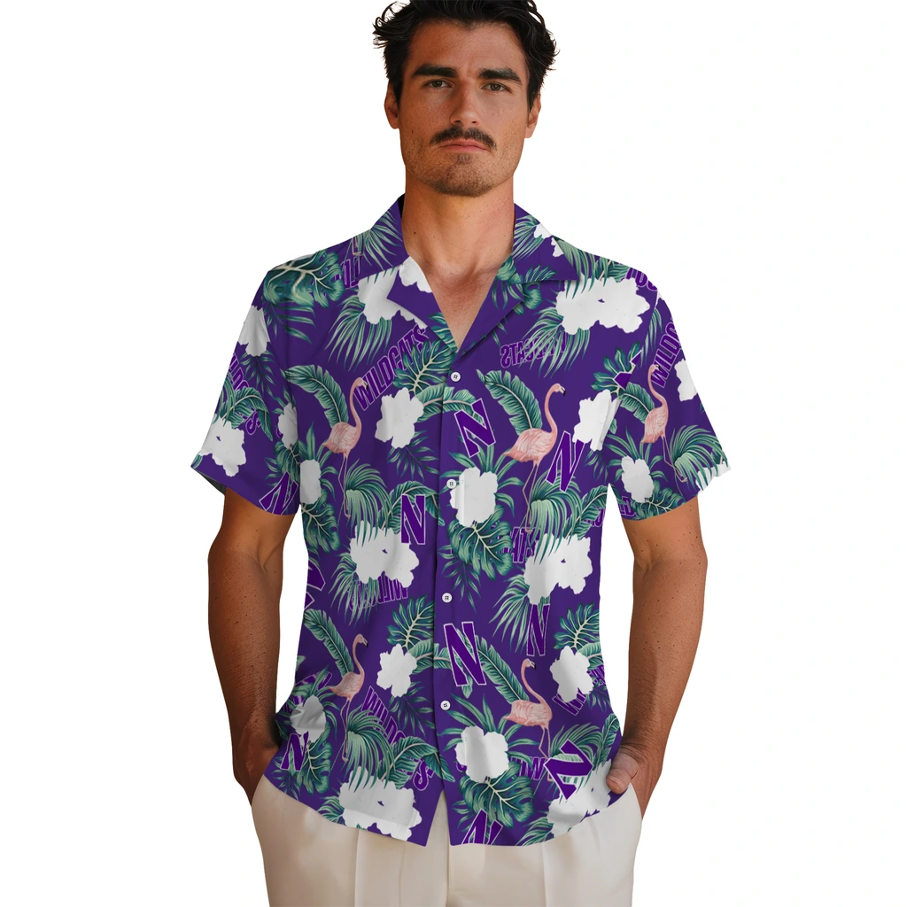 Northwestern Wildcats Hawaiian Shirt - Flamingo and Hibiscus northwestern wildcats flamingo palms purple hawaiian shirts fashion forward