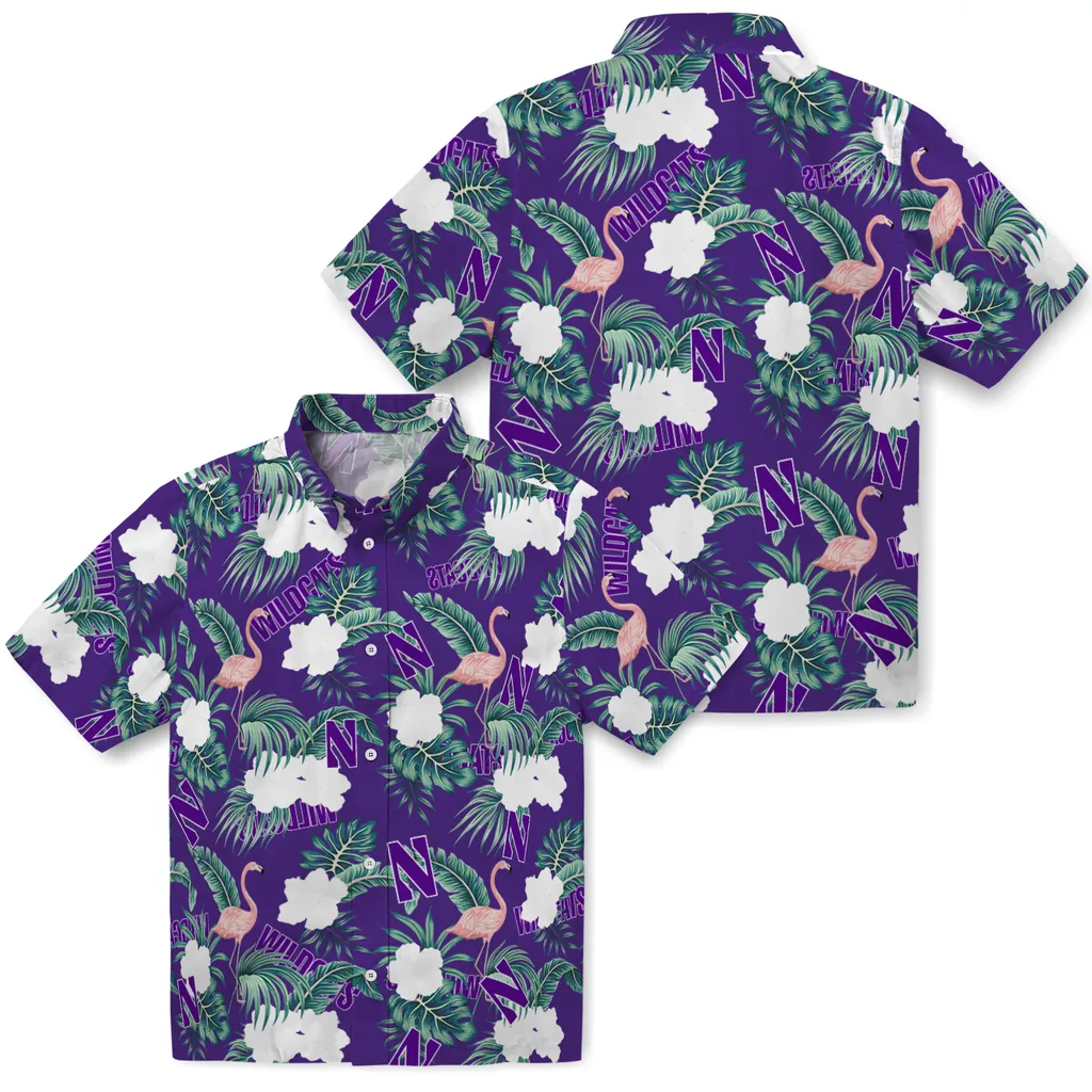 Northwestern Wildcats Hawaiian Shirt - Flamingo and Hibiscus northwestern wildcats flamingo palms purple hawaiian shirts high quality