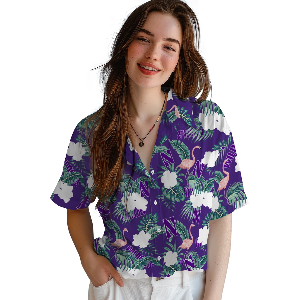 Northwestern Wildcats Hawaiian Shirt - Flamingo and Hibiscus northwestern wildcats flamingo palms purple hawaiian shirts latest model