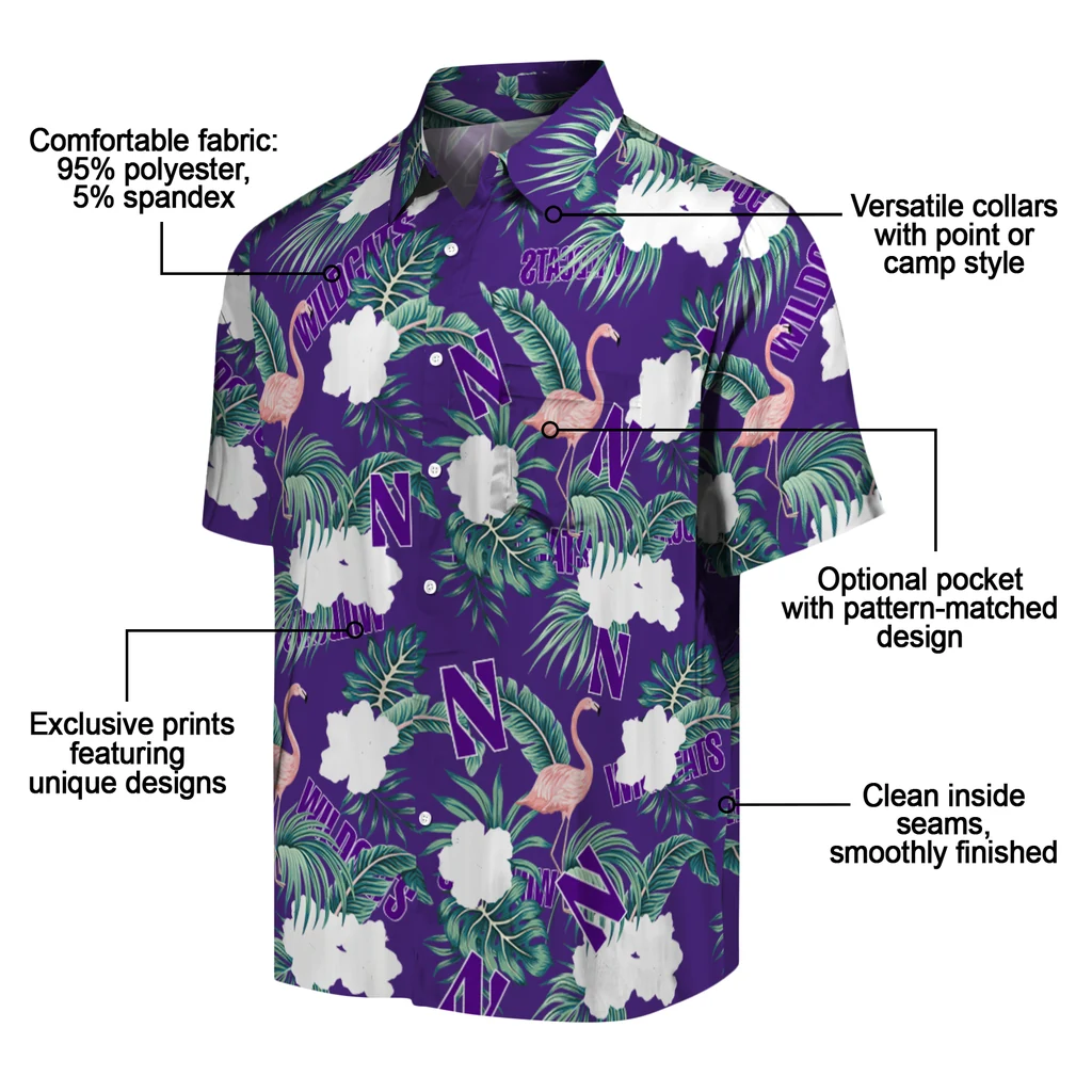 Northwestern Wildcats Hawaiian Shirt - Flamingo and Hibiscus northwestern wildcats flamingo palms purple hawaiian shirts new arrival