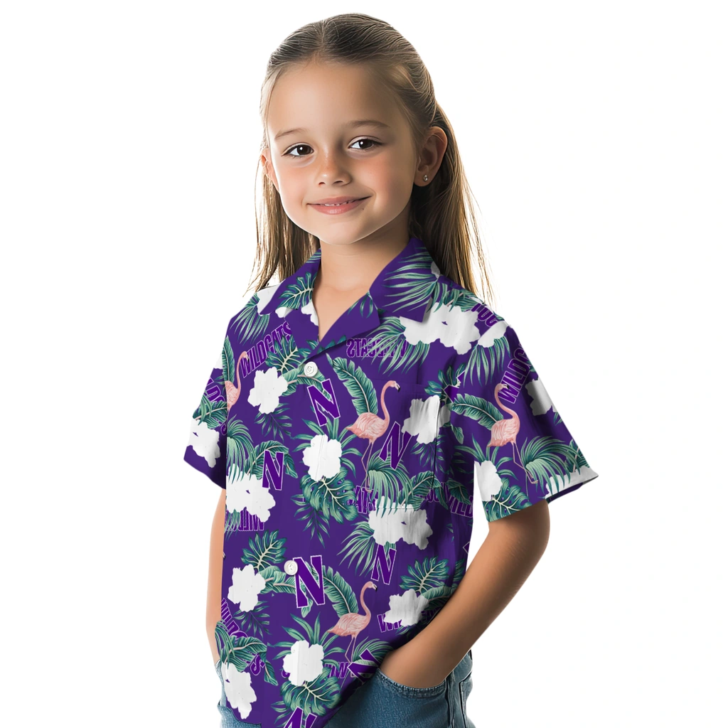 Northwestern Wildcats Hawaiian Shirt - Flamingo and Hibiscus northwestern wildcats flamingo palms purple hawaiian shirts premium grade